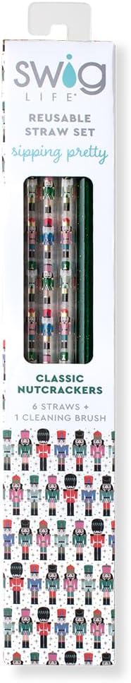 Swig Life Reusable Straws Classic Nutcracker + Green Glitter Tall Straw Set & Cleaning Brush