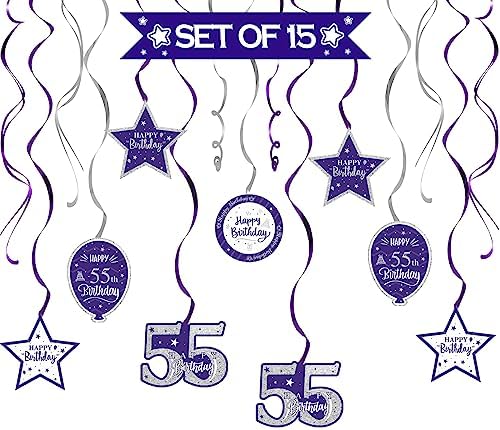 Happy 55th Birthday Purple & Silver Glitter Swirls Streamers Party Decorations - 15 Pcs 55th Birthday Hanging Swirls Streamers Kit,Perfect for 55th Bday Party Sign.