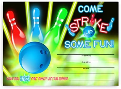 Ink Bowling Party Invitations - 10 Invitations + 10 Envelopes - Bowling Party Supplies - Bowling Party Decorations - red blue green yellow black