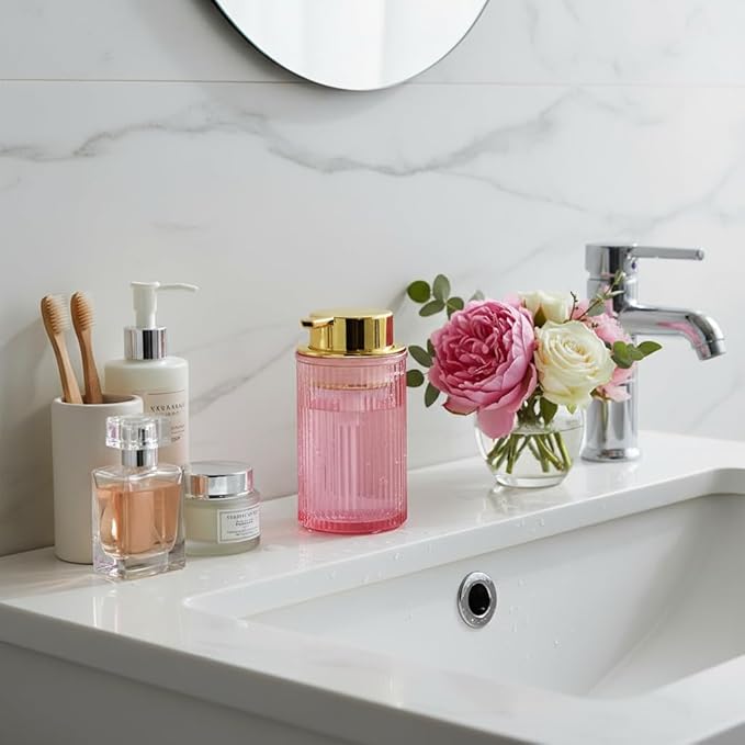 Foaming Soap Dispenser, 12 Oz Pink Glass Foam Hand Soap Dispenser, Refillable Glass Foam Pump Bottle Container Decorative Slim Ribbed Bottle for Bathroom and Kitchen