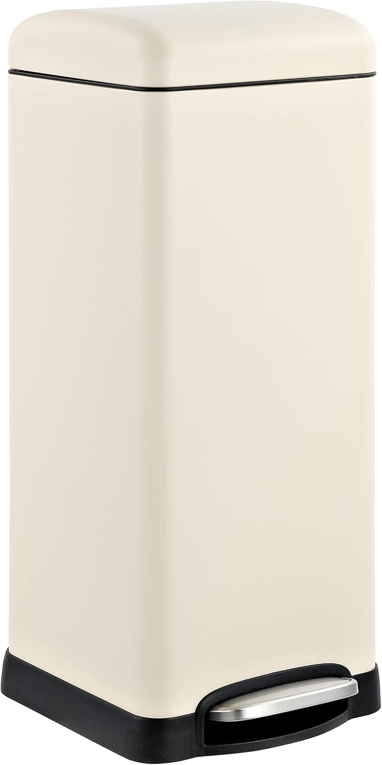 happimess HPM1007F Betty Retro 8-Gallon Step-Open Trash Can with Soft-Close Lid, Fingerprint Resistant, Modern, Minimalistic for Home, Kitchen, Laundry Room, Office, Bedroom, Bathroom, Almond