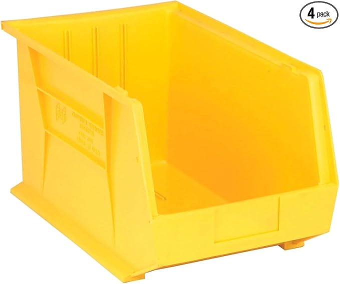 Quantum Storage QUS260 Heavy-Duty Stackable Plastic Storage Bins for Workshop, Warehouse & Garage, Ultra Stack & Hang, 18" x 11" x 10", Yellow, 4-Pack