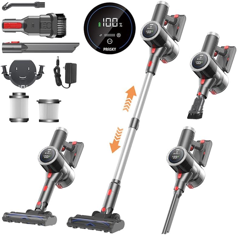 Cordless Vacuum Cleaner, 6-in-1 Lightweight Stick Vacuum with 45mins Runtime, LED Display & Light, Self-Standing, Rechargeable Cordless Vacuum for Carpet, Tile, Pet Hair, Hardwood Floors (Gray)