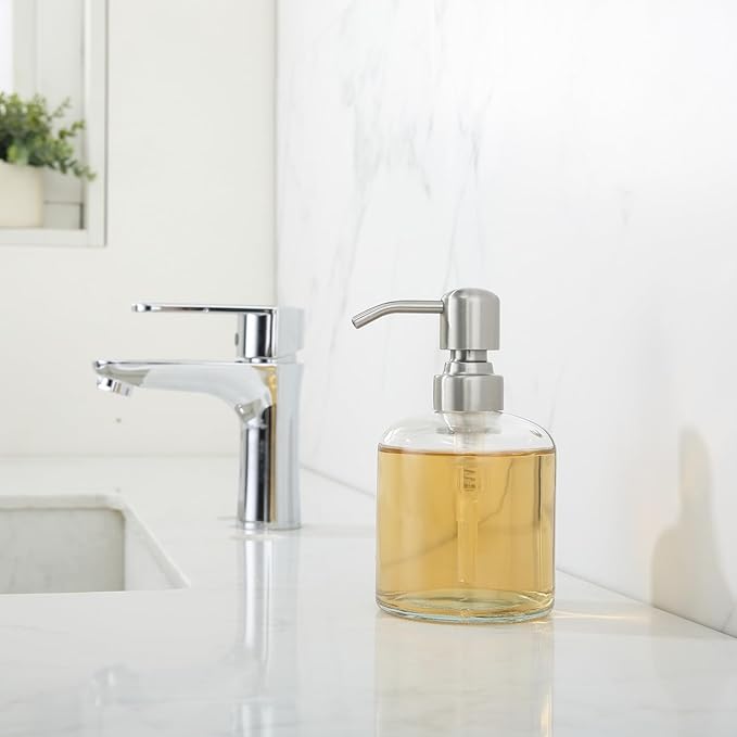 Clear Glass Soap Dispenser, 11 Oz Boston Round Bottle Dispenser with Stainless Steel Pump, Refillable Kitchen & Bathroom Countertop Dish Soap Dispenser, Brushed Nickel