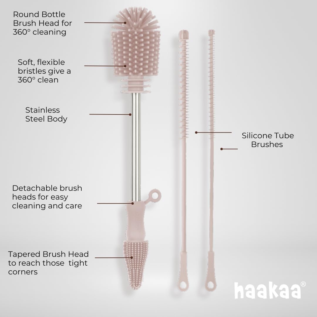 Haakaa Silicone Cleaning Brush Kit – Household Cleaning Brushes for Bottles and Crevices – Food-Grade Silicone: Dishwasher Safe (Brush-Blush)