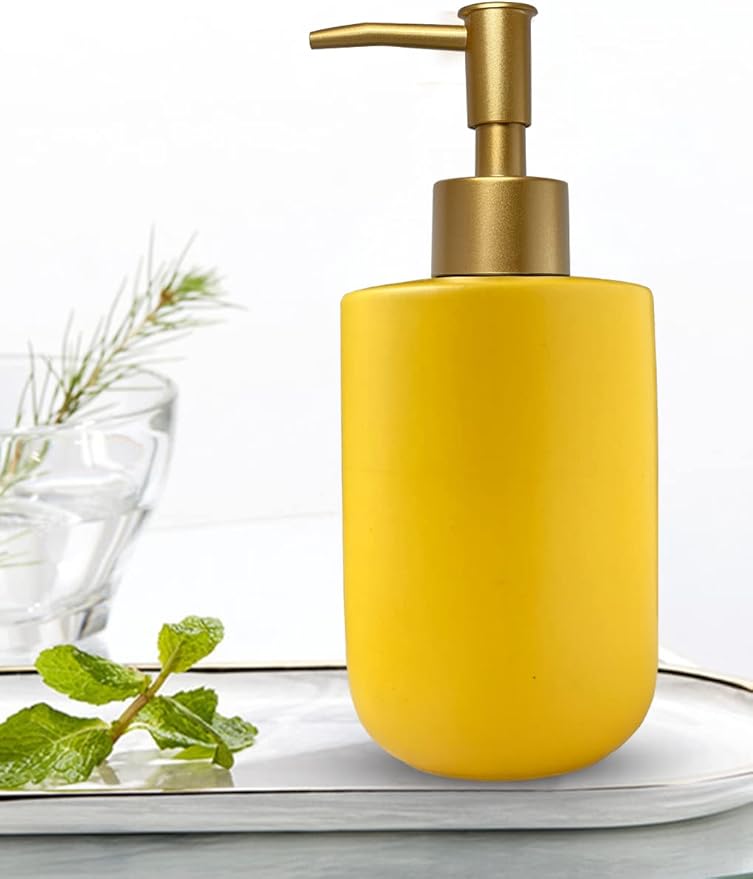 Liquid Soap Dispenser for Bathroom with Gold Pump，Dish Soap Dispenser for Kitchen,Refillable Countertop Lotion Ceramics Yellow Hand Soap Dispenser for Shower 420ml (Cylindrical Yellow Bottle)
