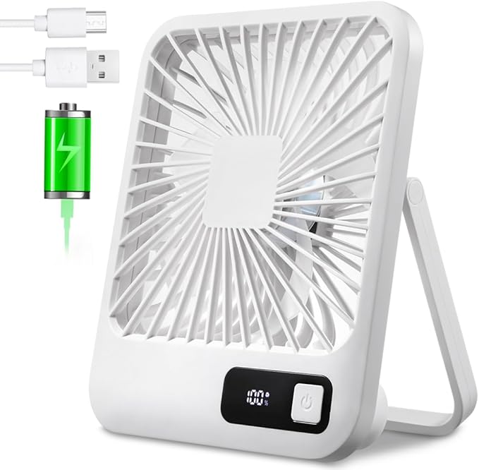 Small Desk Fan, Portable USB Rechargeable Fan, Tilt Folding Personal Mini Fan with 2000mAh Battery and LCD Display, Strong Wind, Ultra Quiet, 5 Speed Modes for Office, Home, Camping