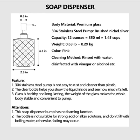 Easy Tang Glass Hand Dish Soap Dispenser for Bathroom Kitchen 12 Oz Crystal Design with Silver Pump Refillable Liquid Soap Dispenser (Clear)