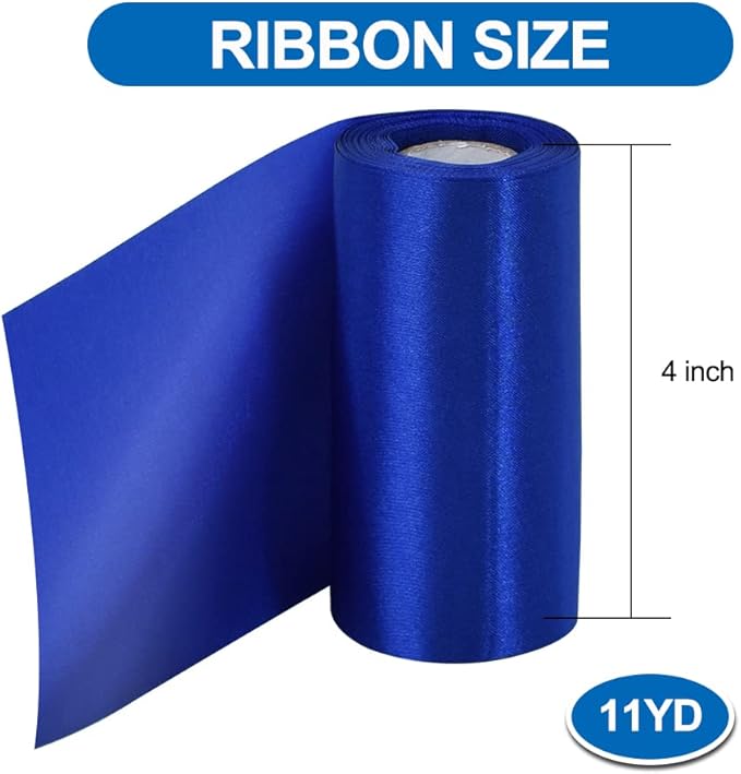 TONIFUL 4 Inch x 11yd Wide Royal Blue Satin Ribbon Solid Fabric Large Ribbon for Cutting Ceremony Kit Grand Opening Chair Sash Table Hair Car Bows Sewing Craft Gift Wrapping Wedding Party Decoration