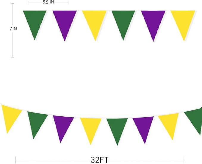 32Ft Yellow Green Purple Pennant Banner Fabric Triangle Flag Bunting Garland Streamer for Mardi Gras Party Mardi Gras Birthday Wedding Engagement Baby Shower Home Outdoor Garden Hanging Decorations