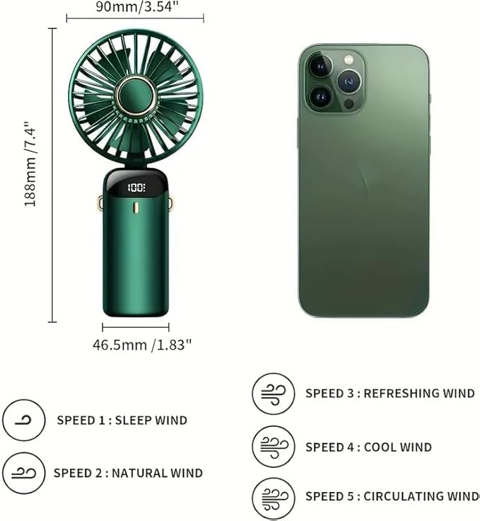 Portable Handheld Fan Battery Operated with Base, 8 Hours, Digital Display, 5 Speeds, 90° Ajustable, Rechargeable Mini Fan for Outdoor Indoor