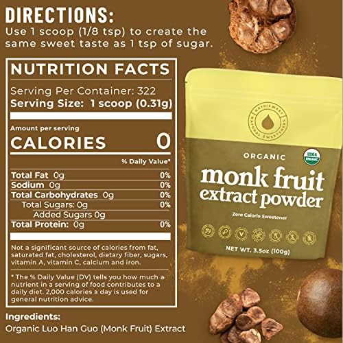 Monk Fruit Extract Sweetener, 3.5 oz, Pure USDA Organic with No Fillers Zero Calories, Zero Carbs, Keto & Paleo Friendly Sugar Substitute