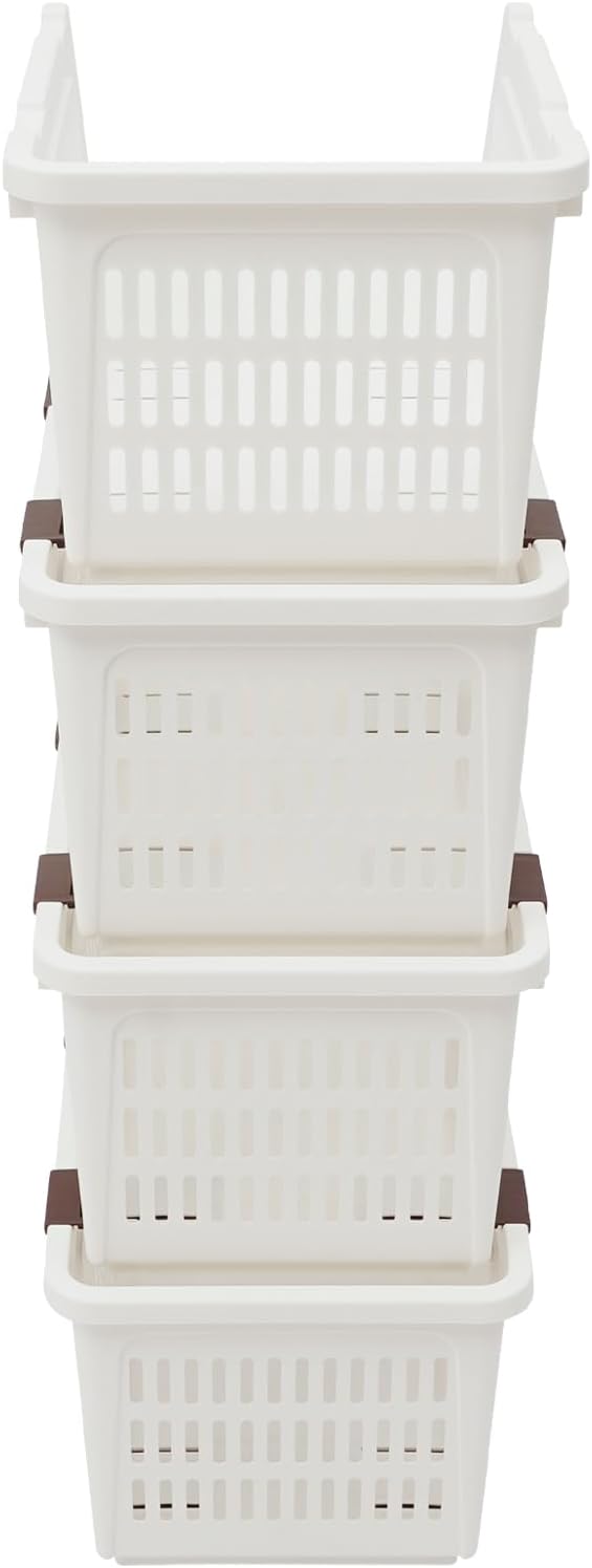 4-Pack Stackable Plastic Storage Baskets - Open Front Organizer Bins for Kitchen, Pantry, and Bathroom Essentials (White)
