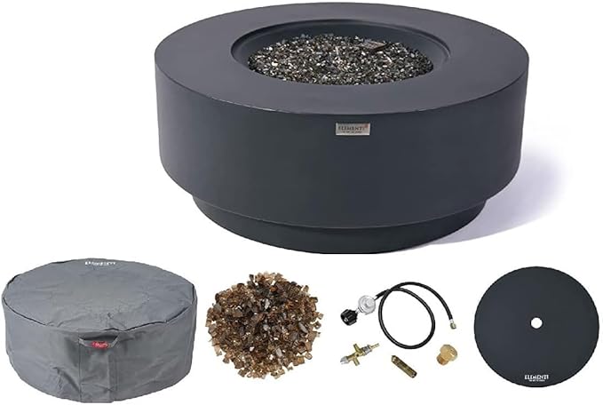 Elementi+ | Nimes Gas Fire Pit Cast Concrete 40" Dia. Round Fire Table, Outdoor Fire Pit Electronic Ignition | Canvas Cover, Fire Glass and Burner Lid Included | Dark Gray | Natural Gas
