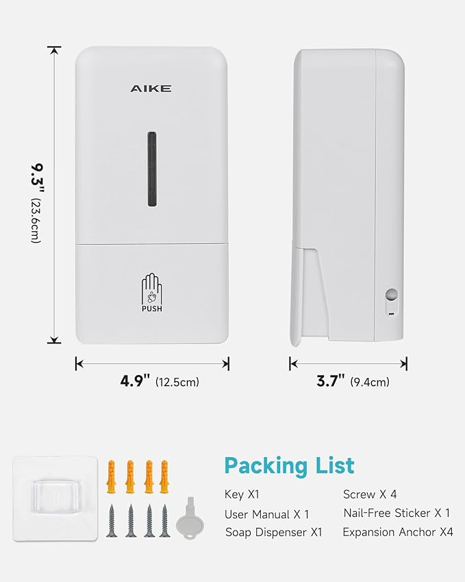 AIKE Foaming Wall Mount Soap Dispenser,27oz Drill-Free for Commercial Bathrooms,Model AK1006F(White)