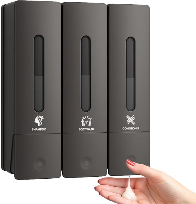 Soap Dispenser - 3 Chamber - 3x400ml - No Drill Wall Mount Bottles Organizer Toiletries for Cream Lotion Liquid Soaps Shampoo Conditioner Storage - Modern Essentials Bathroom Set - Gunmetal 2