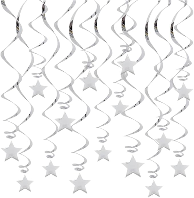 BEISHIDA Silver Star Hanging Swirl Decorations,Hanging Silver Party Supplies for Graduation Wedding Baby Shower Decorations, Pack of 15