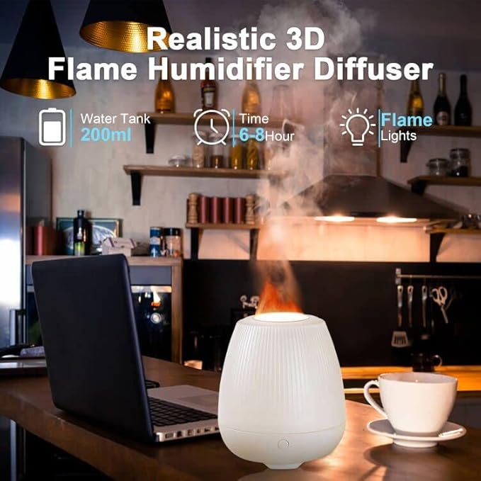 Flame Oil Diffuser, 200ml Aromatherapy Diffuser, Essential Oil Air Diffuser with 3 Modes of Fire Light Personal Humidifier Auto-Off for Office Yoga Bedroom Spa Gym,Super Quiet (White)
