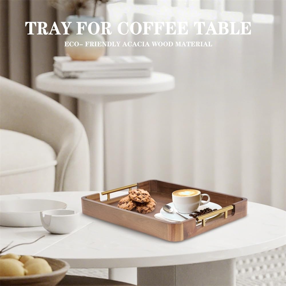 Acacia Wood Serving Tray with Handles, 17x13 Inch Ottoman Tray for Coffee Table,Candle Display,Breakfast in Bed