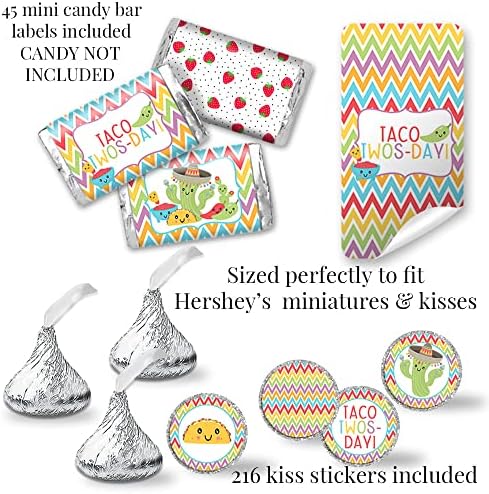 Deluxe Taco Twos-Day 2nd Birthday Party Bundle Includes 20 each of Invitations & Thank You Cards with Envelopes + 2 Different Sizes of Stickers, Mini Candy Bar Wrappers, & Water Bottle Labels!
