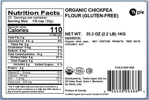 Yupik Organic Chickpea Flour, 2.2 lb (35.2 oz), Garbanzo Beans Flour, Finely Ground from Whole Chickpeas, Non-GMO, Gluten-Free, Vegan, Kosher