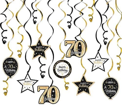 Happy 70th Birthday Black & Gold Glitter Swirls Streamers Party Decorations - 15 Pcs 70th Birthday Hanging Swirls Streamers Kit,Cheers to Seventy Years Old Bday Party Sign.