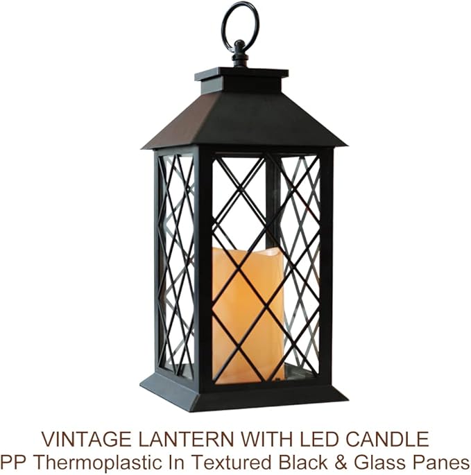 2-Pack 13.5" Vintage Candle Lantern with LED Pillar Candle (Black, 6hr Timer) - IP44 Waterproof Battery Powered Decorative Light - Outdoor Patio Hanging Lantern Decorative Tabletop Light