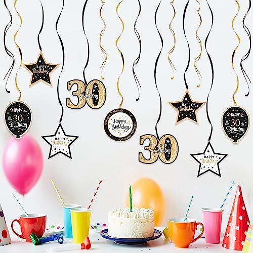 Happy 30th Birthday Black & Gold Glitter Swirls Streamers Party Decorations - 15 Pcs 30th Birthday Hanging Swirls Streamers Kit,Cheers to Thirty Years Old Bday Party Sign.