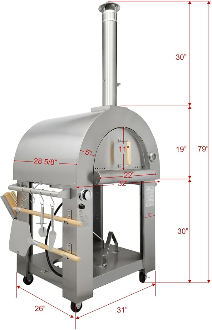 32.5" Wood Fired & Propane Gas Pizza Oven with Open Shelf and Wheels, Large Outdoor Oven for BBQ, Grilling, Stainless Steel Pizza Oven for Outdoor, Backyard and Party (Silver without Cover)