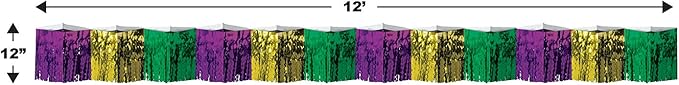 Beistle 2-Ply Metallic Fringe Drape, Purple/Green/Yellow Mardis Gras Hanging Decorations for Windows, Tables, & Walls, Indoor & Outdoor, 2" x 12'