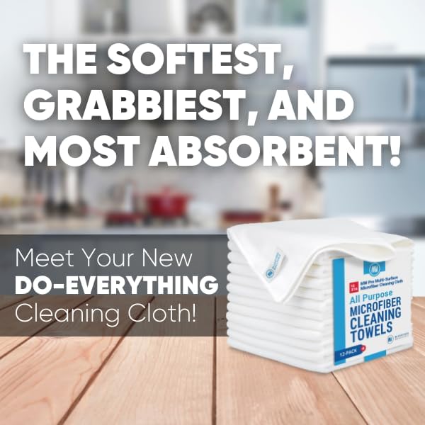 MW Pro Microfiber Cleaning Cloth, White (12 Pack), Size 16" x 16", All Purpose Microfiber Towels - Clean, Dust, Polish, Scrub, Absorbent