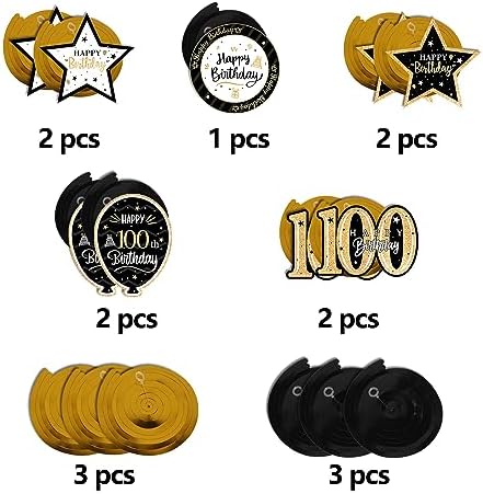 Happy 100th Birthday Black & Gold Glitter Swirls Streamers Party Decorations - 15 Pcs 100th Birthday Hanging Swirls Streamers Kit,Cheers to 100 Years Old Bday Party Sign.
