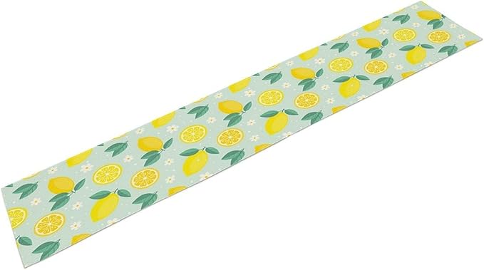 Spring Lemon Table Runner, Summer Seasonal Green Leaves Flowers Yellow Fruit Print Table Runner for Farmhouse Kitchen Dining Table Home Party Decor 13x108in