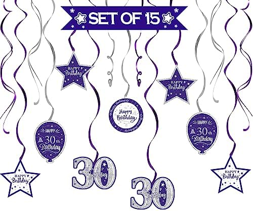 Happy 30th Birthday Purple & Silver Glitter Swirls Streamers Party Decorations - 15 Pcs 30th Birthday Hanging Swirls Streamers Kit,Cheers to Thirty Years Old Bday Party Sign.