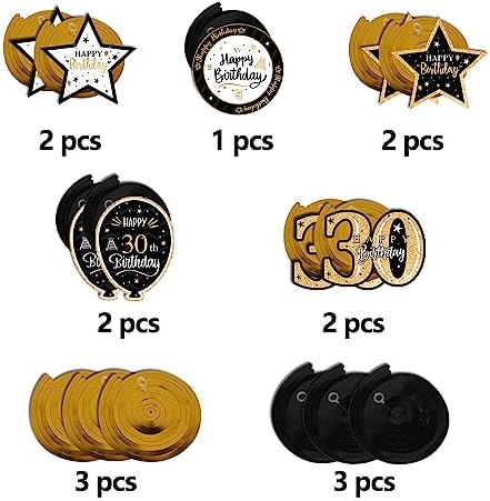 Happy 30th Birthday Black & Gold Glitter Swirls Streamers Party Decorations - 15 Pcs 30th Birthday Hanging Swirls Streamers Kit,Cheers to Thirty Years Old Bday Party Sign.