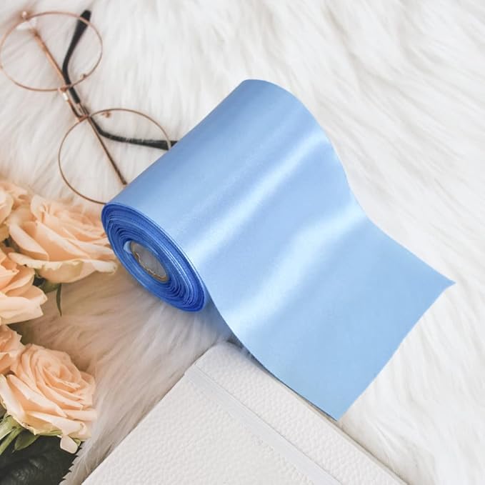 TONIFUL 4 Inch x 22Yards Wide Light Baby Blue Satin Ribbon Solid Fabric Large Ribbon for Cutting Ceremony Kit Grand Opening Chair Sash Hair Car Bows Sewing Craft Gift Wrapping Wedding Party Decoration