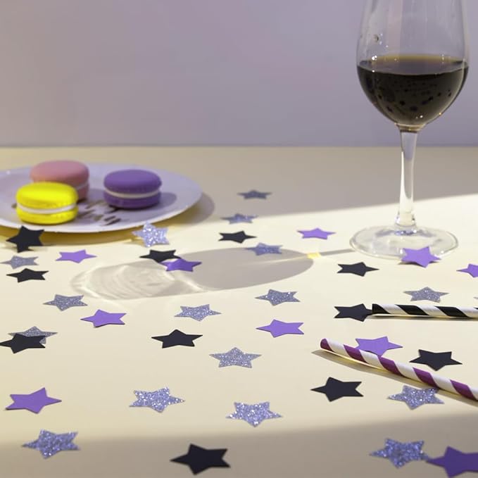Purple Black and Silver Star Confetti Table Decoration for Birthday Retirement Graduation Bachelor Party,1.2 inch in Diameter,200 Counts