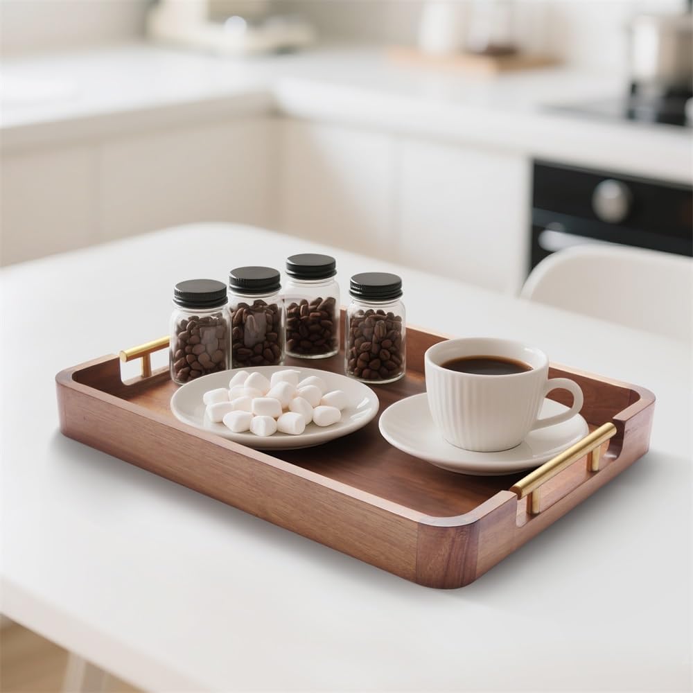 Acacia Wood Serving Tray with Handles, 17x13 Inch Ottoman Tray for Coffee Table,Candle Display,Breakfast in Bed