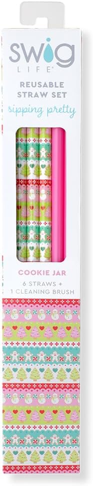 Swig Life Reusable Straws Cookie Jar + Pink Tall Straw Set & Cleaning Brush, Each Straw is 10.25 inch Long (Fits Swig Life 20oz Tumblers, 22oz