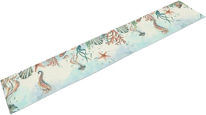 Summer Beach Table Runner, Blue Sea Coastal Nautical Turtle Seashell Jellyfish Ocean Table Runner Seasonal Holiday Home Kitchen Dining Table for Home Party Decor 13"x36"