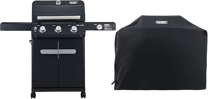 Monument Grills Outdoor Barbecue Stainless Steel 3 Burner Propane Gas Grill, 48,000 BTU Patio Garden Grill with Side Burner and Knob Controls, Mesa325 with BBQ Cover
