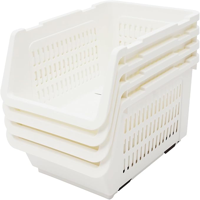 4-Pack Stackable Plastic Storage Baskets - Open Front Organizer Bins for Kitchen, Pantry, and Bathroom Essentials (White)