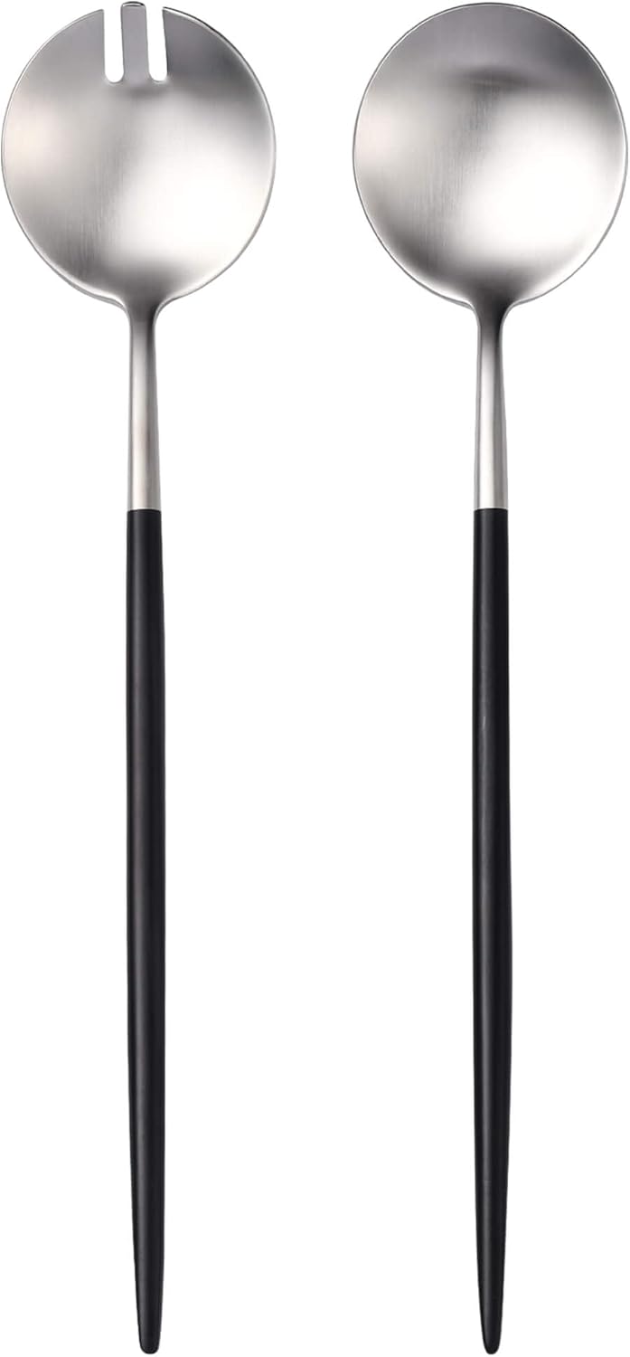 Lemeya Silver Black Salad Serving Utensils,Serving Spoons Stainless Steel,2Pcs Long Handle Salad Servers 11.42 Inch,Salad Utensils for Serving
