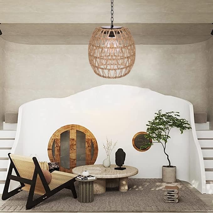Livinlarge Boho Pendant Solar Light Rustic Hand-Woven Rattan Chandelier Coastal Retro Lamp Wedding Garden Courtyard Hallway Entryway Decoration.