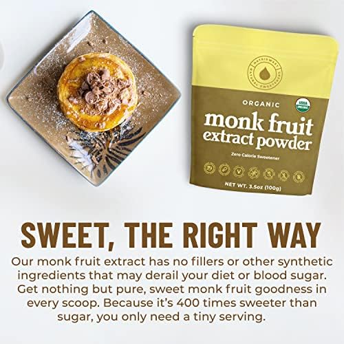 Monk Fruit Extract Sweetener, 3.5 oz, Pure USDA Organic with No Fillers Zero Calories, Zero Carbs, Keto & Paleo Friendly Sugar Substitute