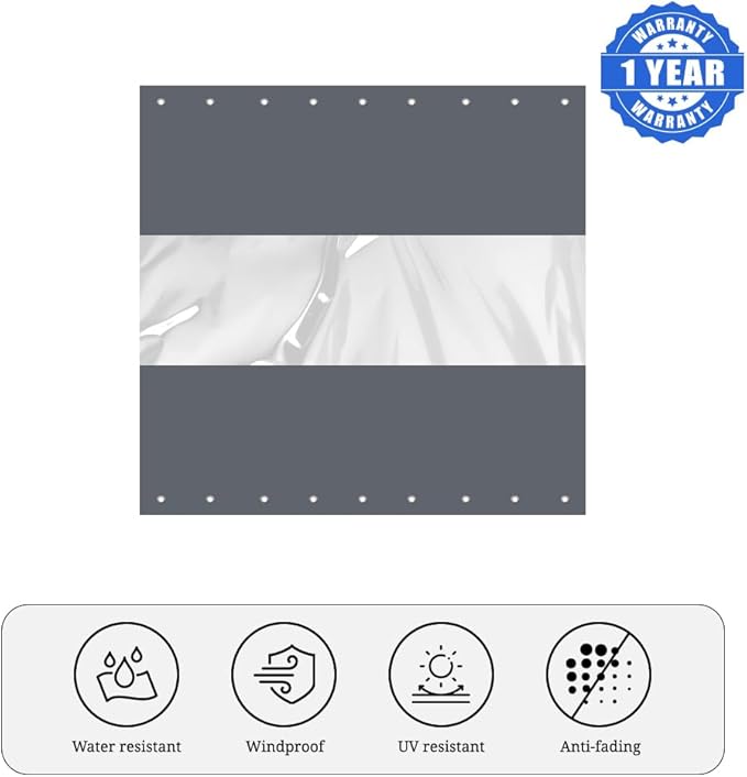 Covers & all Outdoor Clear Panel Curtain, 12 oz Vinyl Outdor Curtains for Patio, Waterproof & Weather Resistant Tarp with Brass Grommets for Pergola, Porch, Gazebos, Balcony (4’ H x 8’ W Feet, Gray)