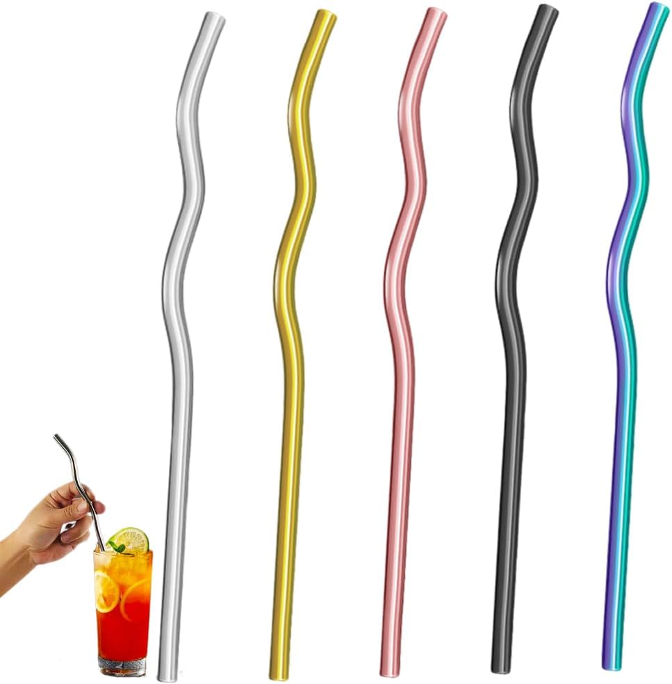 Reusable Stainless Steel Drinking Wavy Colorful Straws,With Curved Bend Metal Long Drinking Straws Set for Milkshake,Smoothie,Beverage,5 Piece