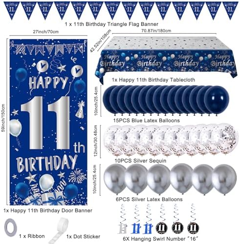 11th Birthday Decorations for Boys Girls, Blue 11 Years Old Party Supplies