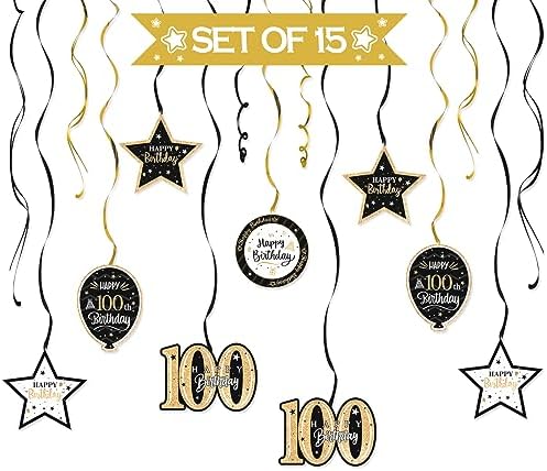 Happy 100th Birthday Black & Gold Glitter Swirls Streamers Party Decorations - 15 Pcs 100th Birthday Hanging Swirls Streamers Kit,Cheers to 100 Years Old Bday Party Sign.