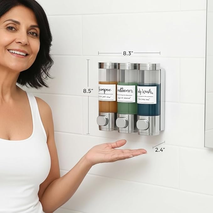 Soap Dispenser - 3 Chamber - 3x300ml - No Drill Wall Mount Bottles Organizer Toiletries for Cream Lotion Liquid Soaps Shampoo Conditioner Storage - Modern Essentials Bathroom Set - Silver 1